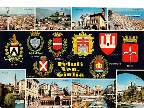 Cartolina Friuli Venezia Giulia vedute varie e stemma 1972 | Immagine principale