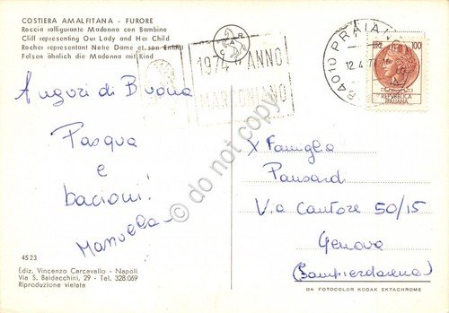 Cartolina Furore Costiera Amalfitana Roccia Madonna con Bambino 1974 (Salerno)