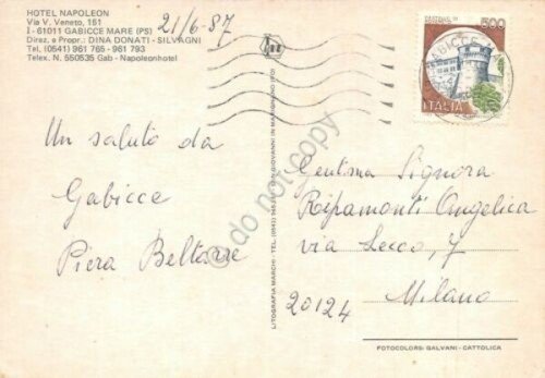 Cartolina Gabicce Mare Hotel Napoleon 1987