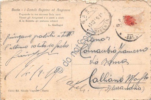 Cartolina Gaeta Castelli Angioino e Aragonese Poesia Graffagni 1919 | Immagine Gallery 2