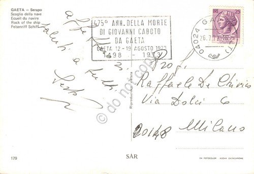 Cartolina Gaeta Serapo timbro a targhetta Anniversario Caboto da Gaeta …