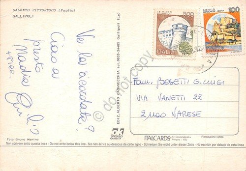 Cartolina Gallipoli panorama lungomare e spiaggia grinza al timbro