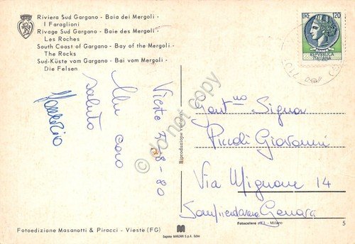 Cartolina Gargano Baia dei Mergoli I faraglioni 1980 barca (Foggia) | Immagine Gallery 2