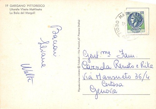 Cartolina Gargano Litorale Vieste Mattinata Baia dei Mergoli