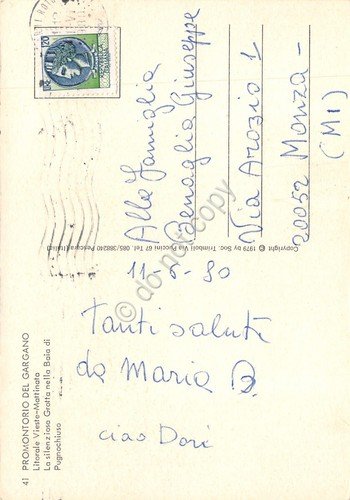 Cartolina Gargano Litorale Vieste Mattinata Grotta baia Pugnochiuso 1980 animata