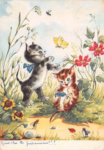 Cartolina Gatti piccoli mici illustrata giocano con farfalle 1954 | Immagine principale