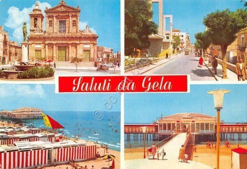 Cartolina Gela vedute varie spiaggia stabilimento balneare città | Immagine principale