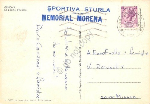 Cartolina Genova Albaro Piscine timbro Sportiva Sturla Memorial Morena