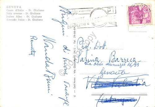Cartolina Genova Corso Italia San Giuliano Timbro PT anni '60