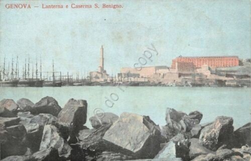 Cartolina Genova Lanterna e Caserma San Benigno illustrata | Immagine principale