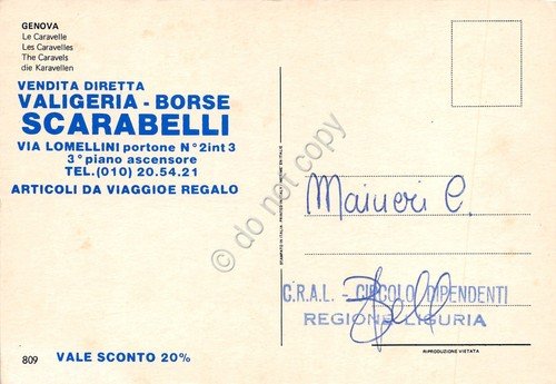 Cartolina Genova Le Caravelle Pubblicità Scarabelli Valigie borse Timbro CRAL