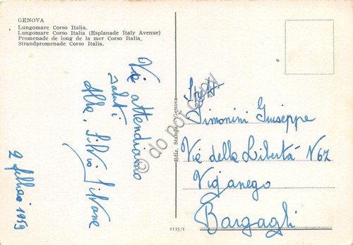 Cartolina Genova Lungomare Corso Italia 1959