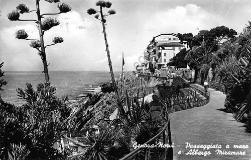 Cartolina Genova Nervi Passeggiata a mare Albergo Miramare 1956