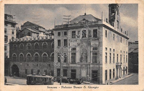 Cartolina Genova Palazzo Banco san Giorgio auto d'epoca Tram 1942