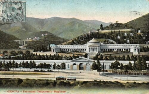Cartolina Genova Panorama Camposanto Staglieno illustrata anni 10 | Immagine principale