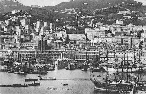 Cartolina Genova panorama dal mare navi 1925