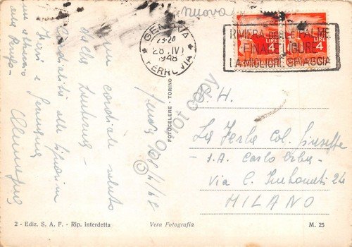 Cartolina Genova panorama dal Righi 1948 timbro Finale Ligure segnata