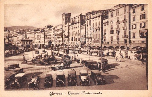 Cartolina Genova Piazza Caricamento auto d'epoca anni '40 ed Scrocchi
