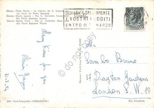 Cartolina Genova Piazza Dante timbro targhetta dichiarazione redditi 1954 | Immagine Gallery 2