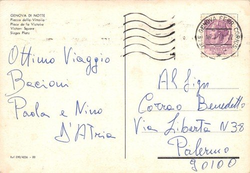 Cartolina Genova Piazza della Vittoria notturno 1971