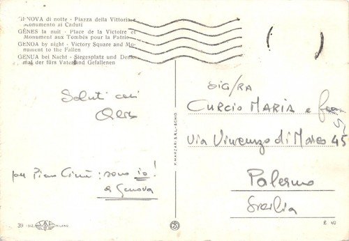 Cartolina Genova Piazza della Vittoria notturno