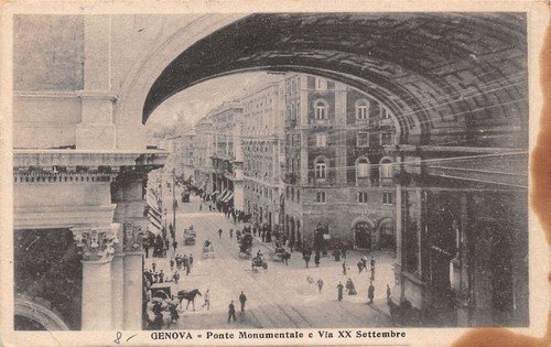 Cartolina Genova Ponte Monumentale e via XX Settembre animata carrozza …