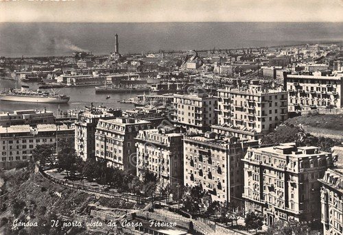 Cartolina Genova porto visto da Corso Firenze 1951 timbro stradale