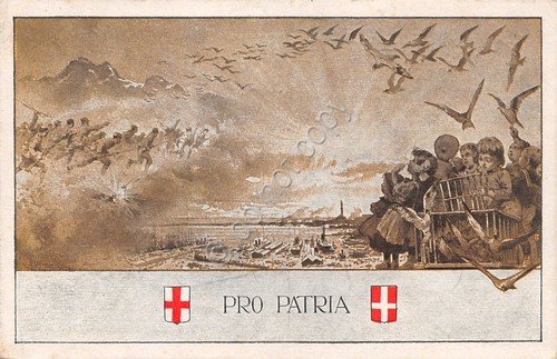 Cartolina Genova Pro Patria soldati bambini gabbiani al retro poesia …