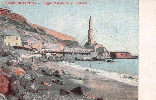 Cartolina Genova Sampierdarena Bagni Margherita e lanterna | Immagine principale