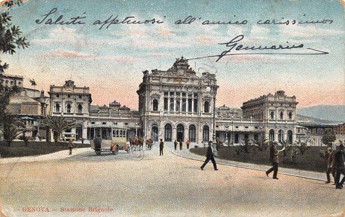 Cartolina Genova Stazione Brignole Animata carrozza illustrata anni '10 | Immagine principale
