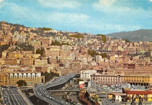 Cartolina Genova strada sopraelevata pubblicità Punt e Mes 1985