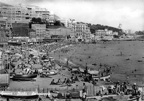 Cartolina Genova Sturla spiaggia animata