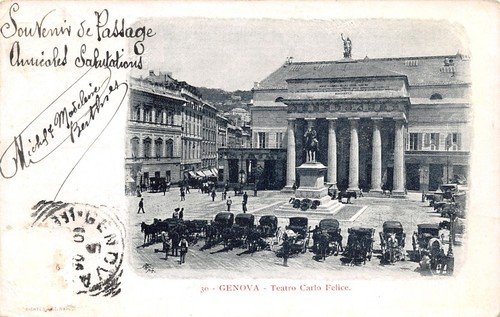 Cartolina Genova Teatro Carlo Felice auto d'epoca animata primi '900