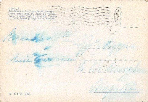 Cartolina Genova Via Dante Torri S. Andrea tram auto d'epoca