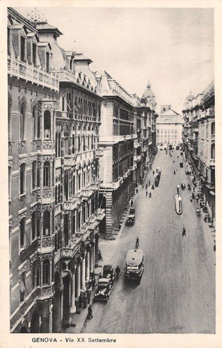 Cartolina Genova Via XX Settembre animata auto d'epoca anni '30 | Immagine principale