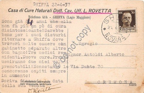 Cartolina Ghiffa Casa di Cure Dott. Rovetta 1937