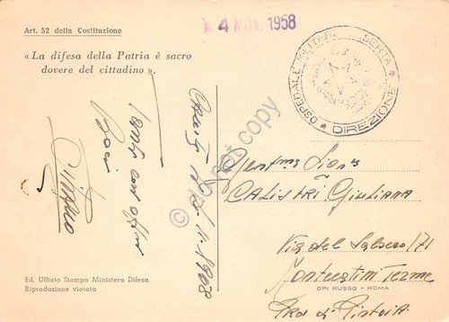 Cartolina Giornata delle Forze Armate e Combattente 1958 Timbro Ospedale …
