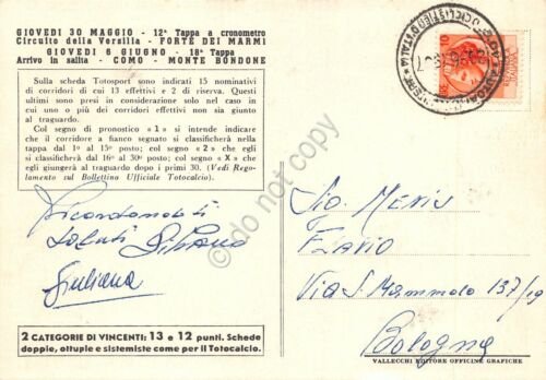 Cartolina Giro d'italia 40 Totosport 1957 12^Tappa cronometro Versilia Forte