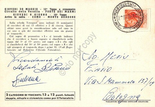 Cartolina Giro d'italia 40° Totosport 1957 12^Tappa cronometro Versilia Forte
