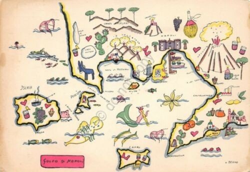Cartolina Golfo di Napoli illustrata Sevino
