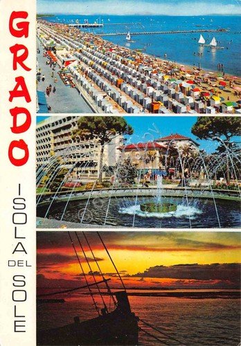 Cartolina Grado spiaggia fontana tramonto vedute 1987 | Immagine principale
