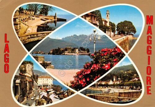 Cartolina grafica Lago Maggiore vedute varie 1976 timbro sconosciuto al …