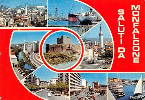 Cartolina grafica Monfalcone vedute varie 1975