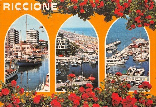 Cartolina grafica Riccione vedute varie da arcata 1983 (Rimini)