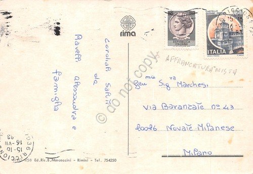 Cartolina grafica Riccione vedute varie da arcata 1983 (Rimini)