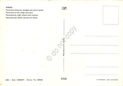 Cartolina grafica Rimini vedute varie e notturno stemma