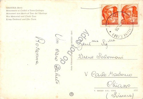 Cartolina Gravina Monumento ai Caduti 1966