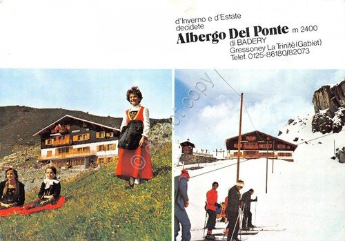 Cartolina Gressoney La Trinitè Albergo del Ponte 2 vedute (Aosta)