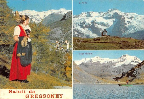 Cartolina Gressoney vedute abiti tradizionali 1974 (Aosta)
