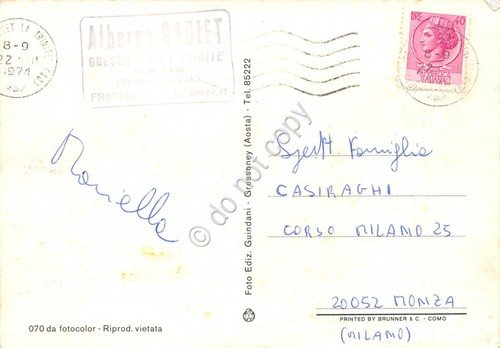 Cartolina Gressoney vedute abiti tradizionali 1974 (Aosta)